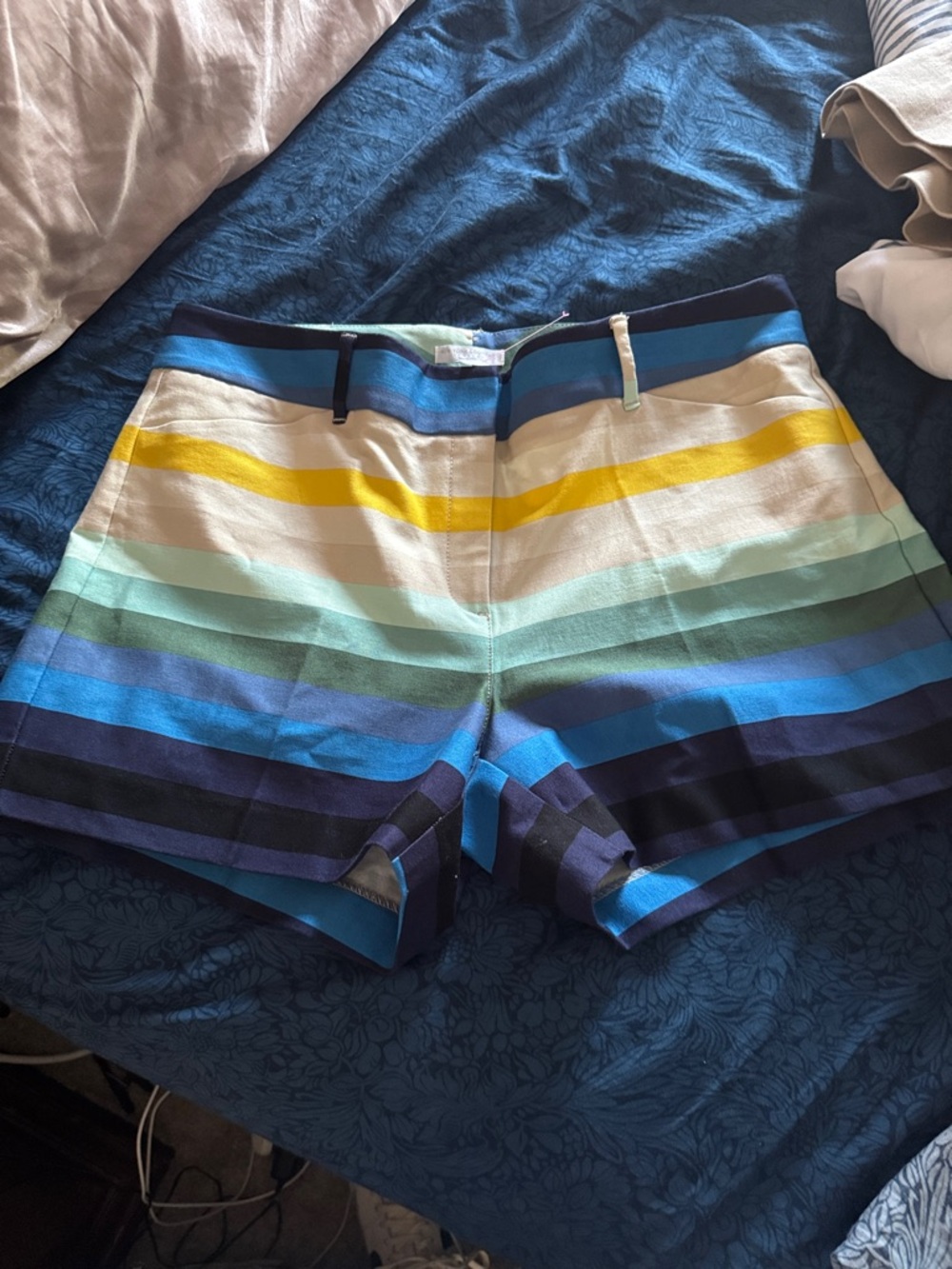 New York & Company Multicolor Striped Womens Shorts - Blue, Yellow, Green, Navy